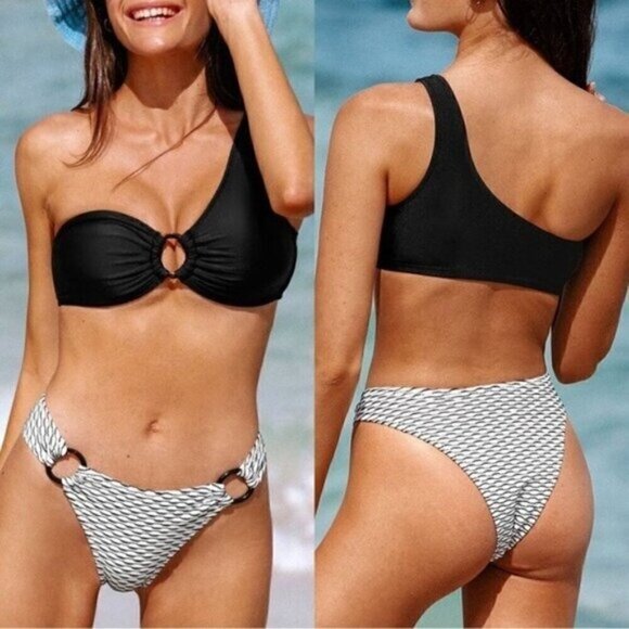 NWT Black White One Shoulder Bikini Set Size XS Low Waisted Bathing Suit - Picture 1 of 9